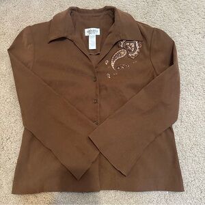 Vintage Studio I Petite Brown Embroidered Button-Up Top – Size 16P